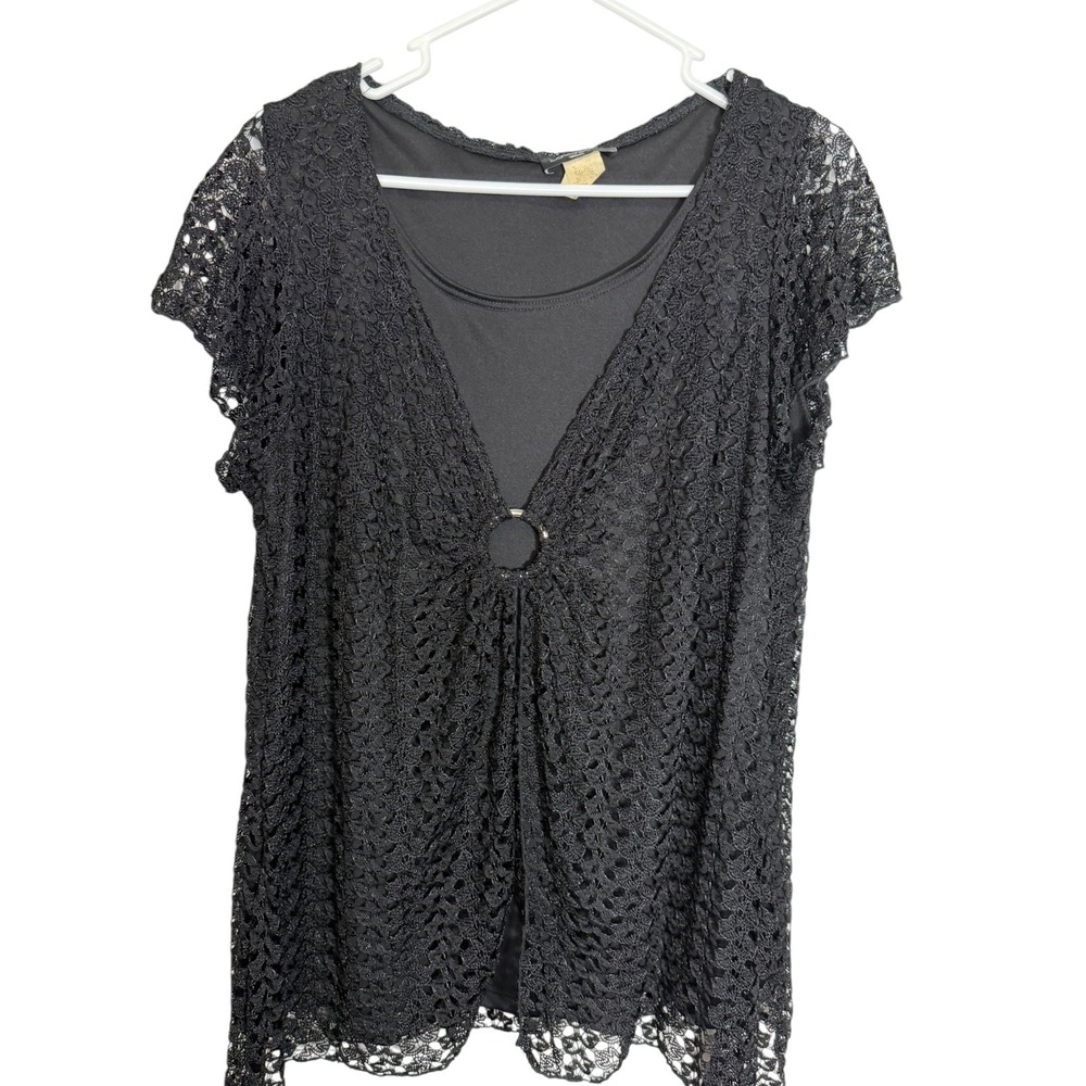Brittany Black Woman 1X Black Lace Top Ring Detail Layered Whimsigoth Goth